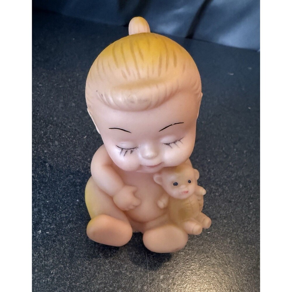 Vintage Kiddie Production Rubber Doll, Baby Holding Monkey Kitsch Retro toy